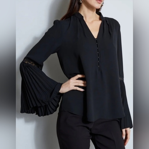 White House Black Market Black Blouse with Pleated Sleeves - Picture 2 of 6